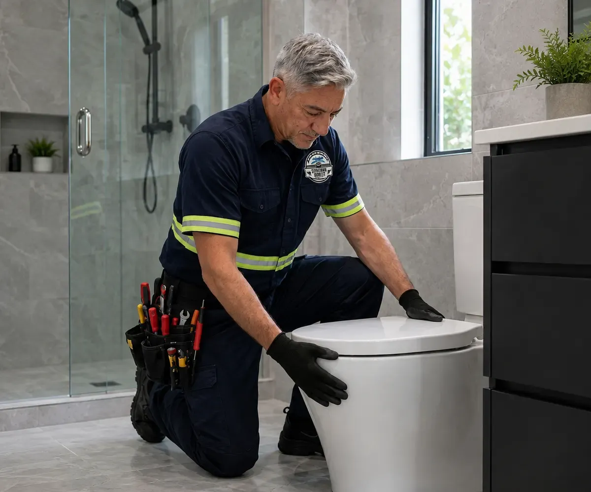 Técnico sanitario ajustando un inodoro