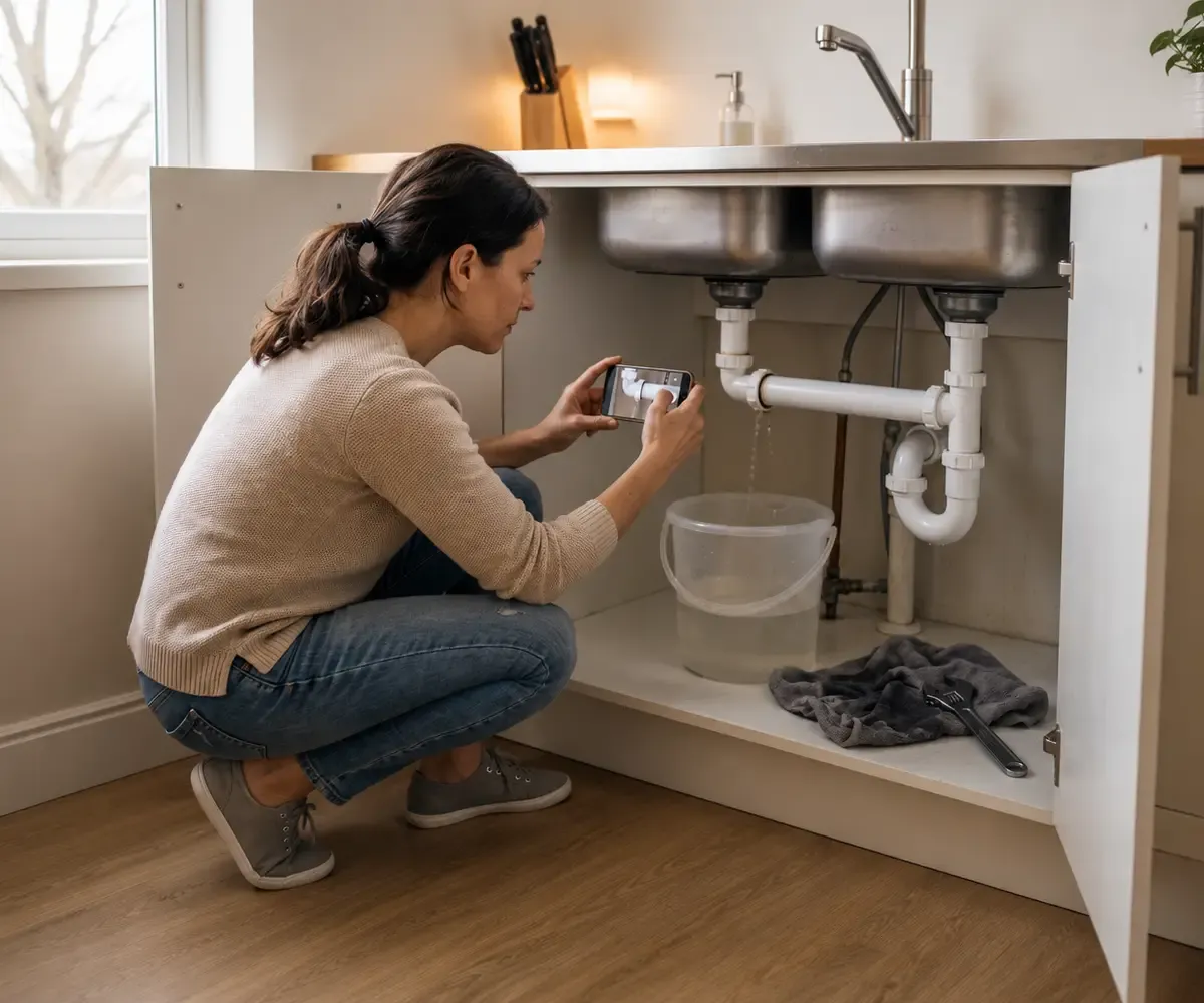 Mujer grabando con su celular una pérdida de agua debajo de la pileta