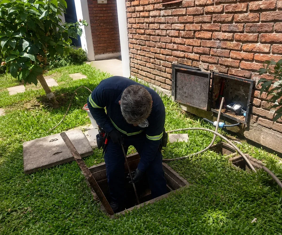 Persona revisando una cámara sanitaria exterior